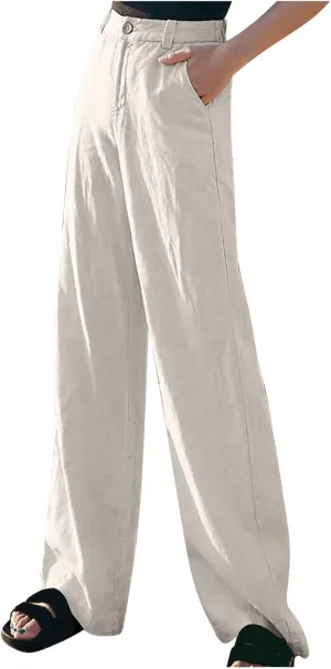 Black Linen Pants Women Summer 2025 Wide Leg High Waist Trousers Breathable Elastic Waist Comfort Fit with Button