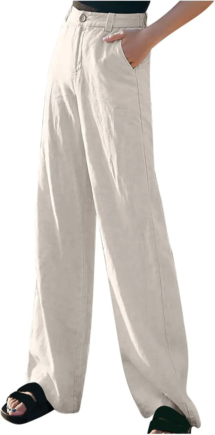 Black Linen Pants Women Summer 2025 Wide Leg High Waist Trousers Breathable Elastic Waist Comfort Fit with Button
