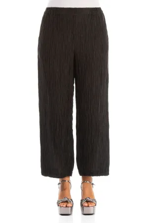 Cropped Straight Crinkled Black Silk Trousers