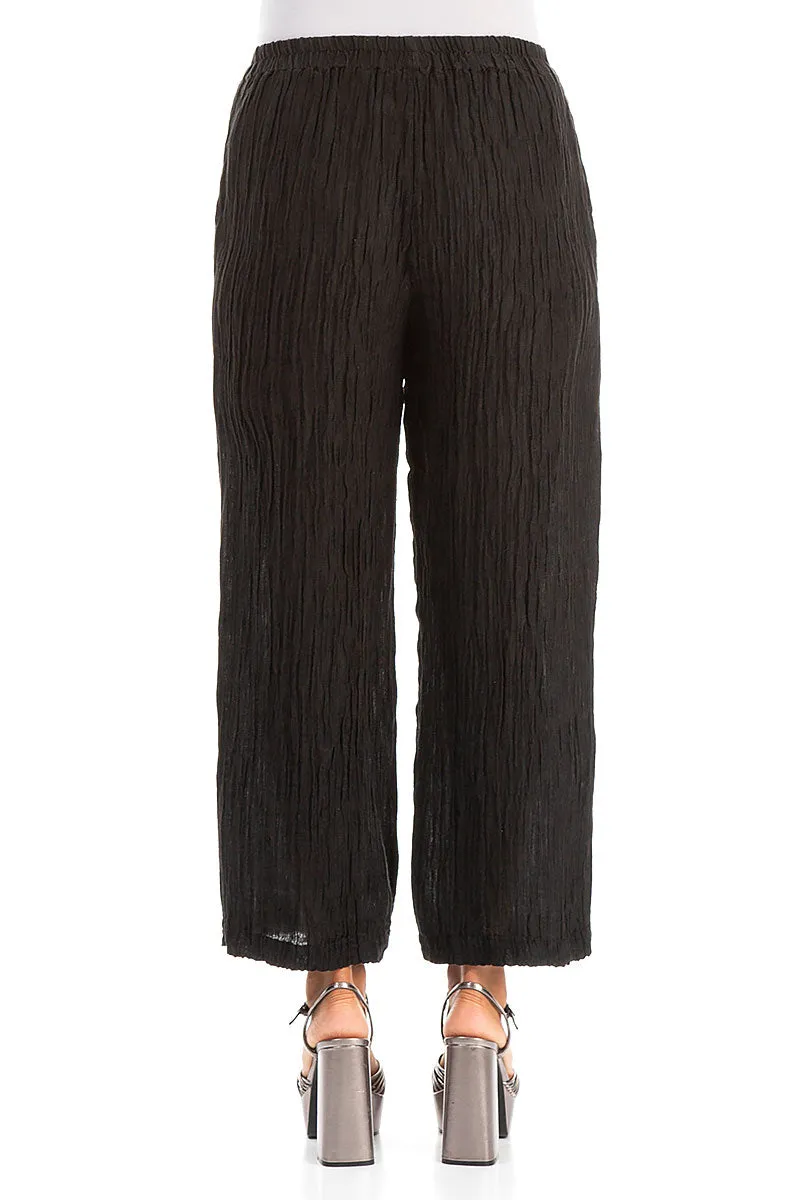 Cropped Straight Crinkled Black Silk Trousers