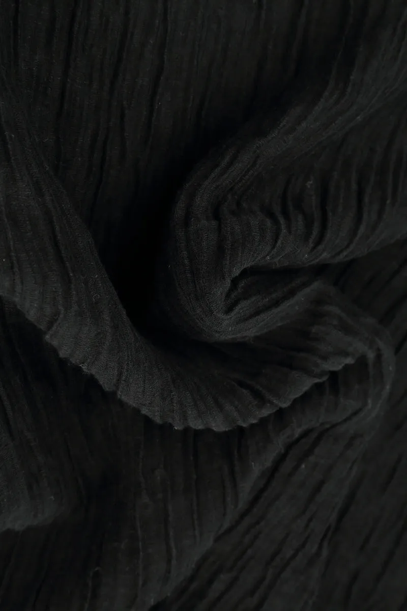 Cropped Straight Crinkled Black Silk Trousers