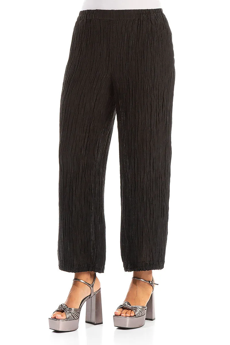 Cropped Straight Crinkled Black Silk Trousers