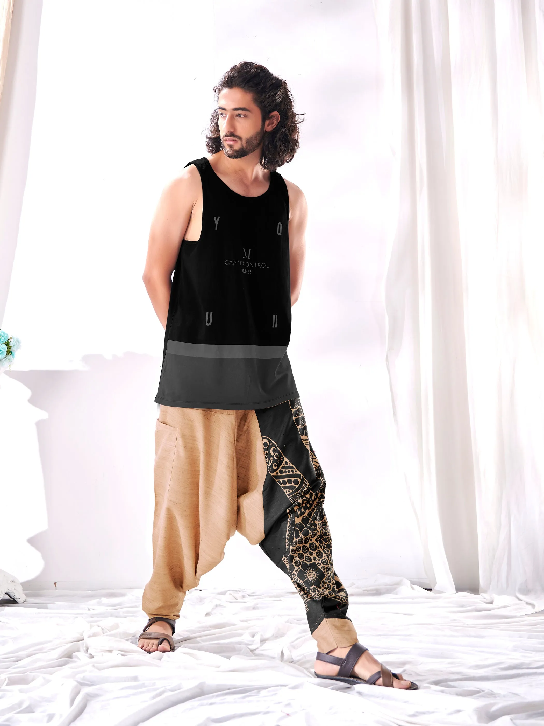Men's Brown Peace Aladdin Hippy Boho Harem Pants For Yoga Dance