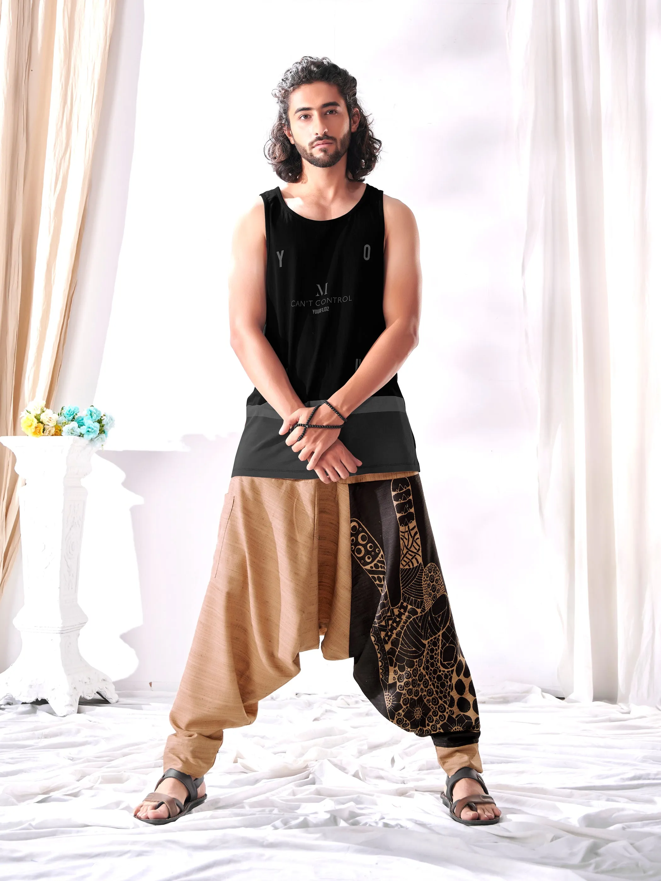 Men's Brown Peace Aladdin Hippy Boho Harem Pants For Yoga Dance