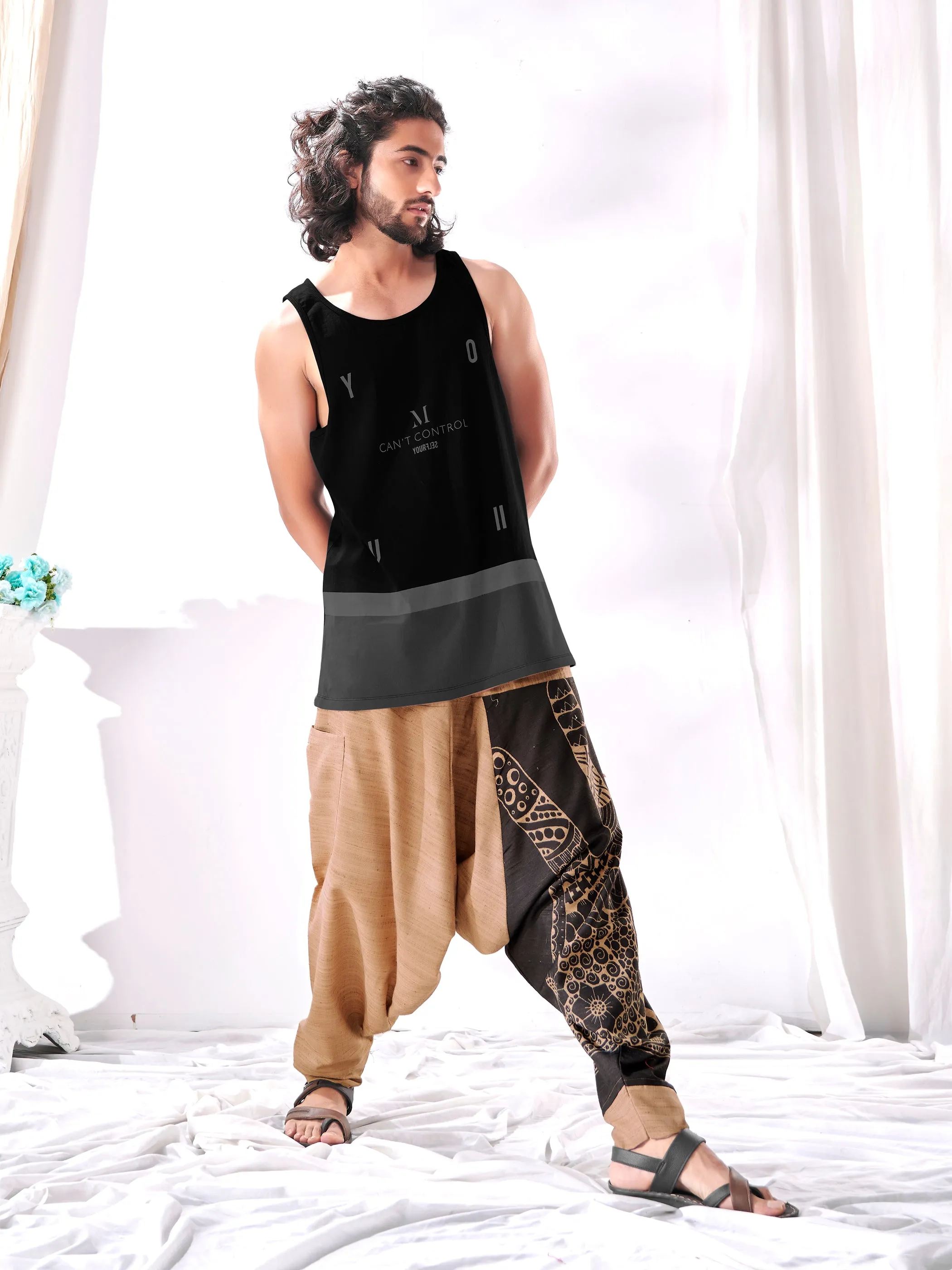 Men's Brown Peace Aladdin Hippy Boho Harem Pants For Yoga Dance