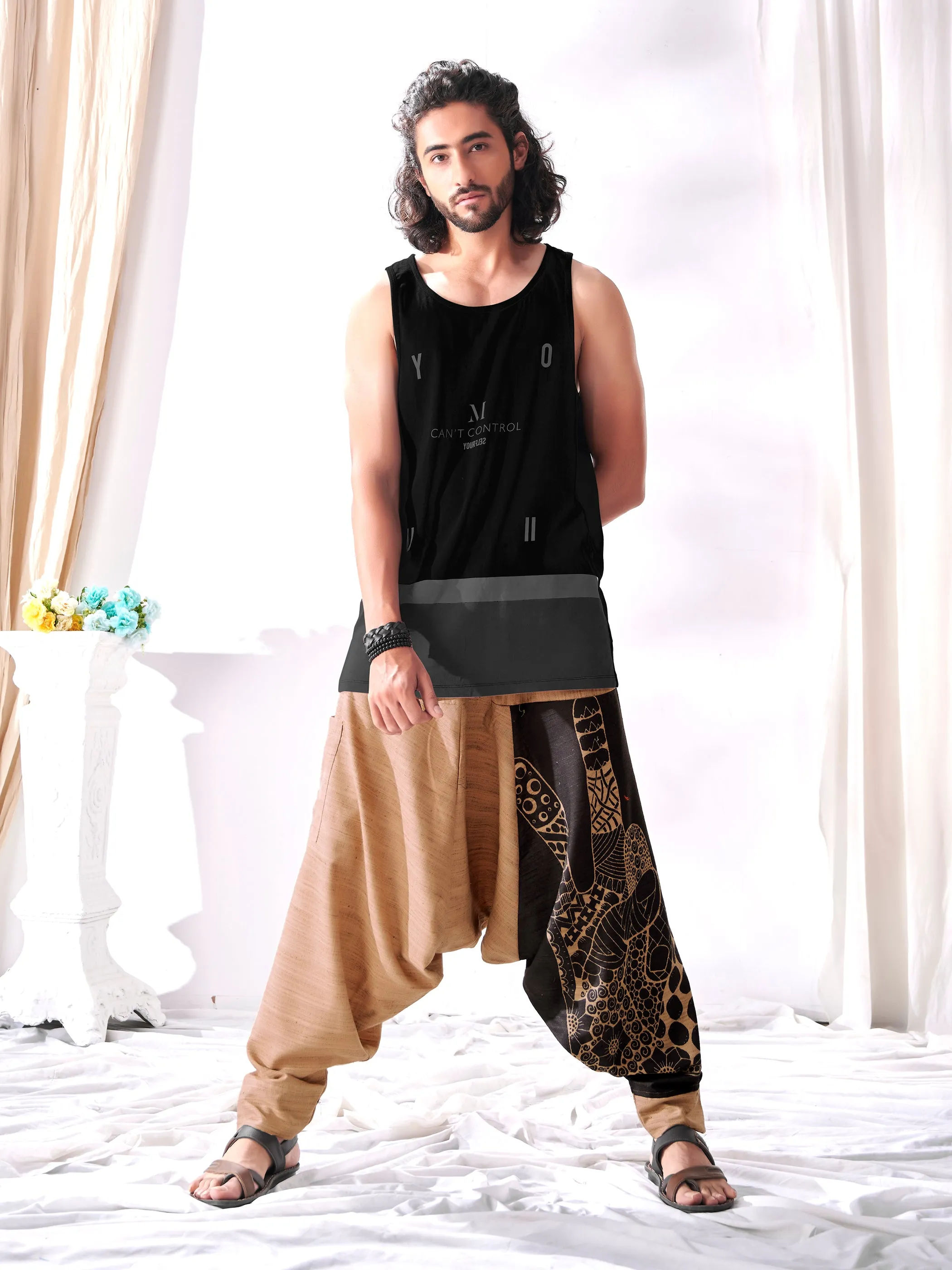 Men's Brown Peace Aladdin Hippy Boho Harem Pants For Yoga Dance