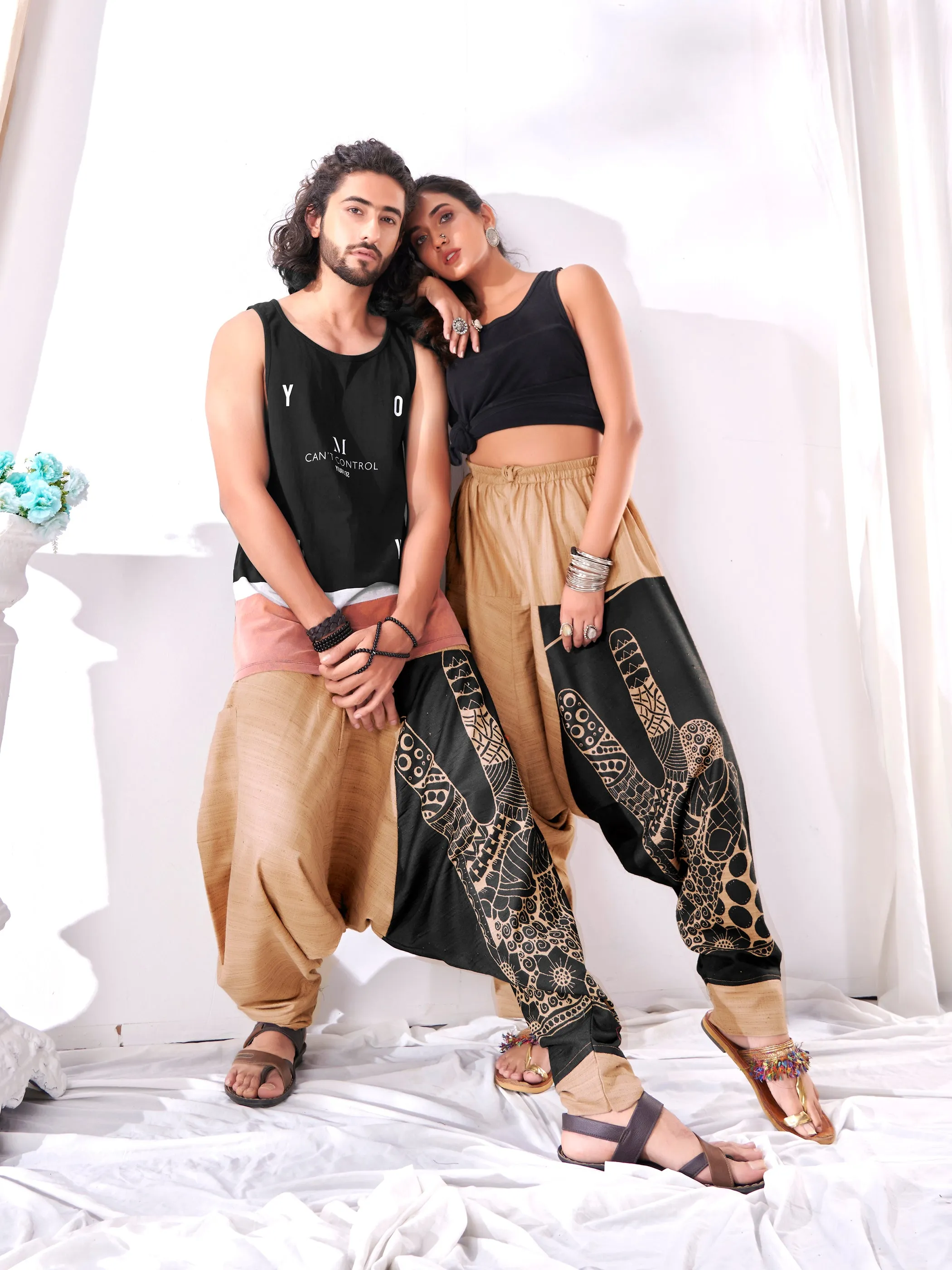 Men's Brown Peace Aladdin Hippy Boho Harem Pants For Yoga Dance
