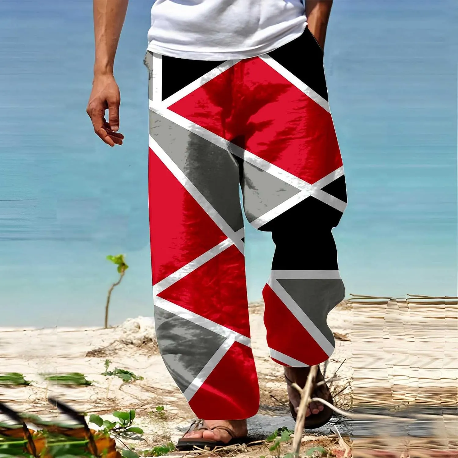 Mens Casual Linen Beach Pants Summer Fashion Jogger Yoga Linen Pants Loose Fit Relaxed Elastic Drawstring Waist