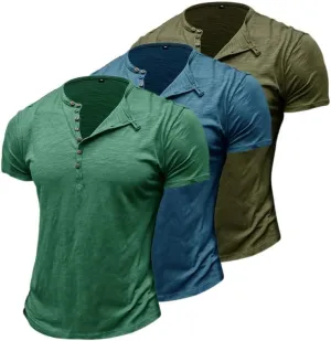 prigridche 3 Pack Oversized Summer Henley T-Shirts Cotton Tee Loose Fit Short Sleeve Casual Solid Colors Shirts for Men
