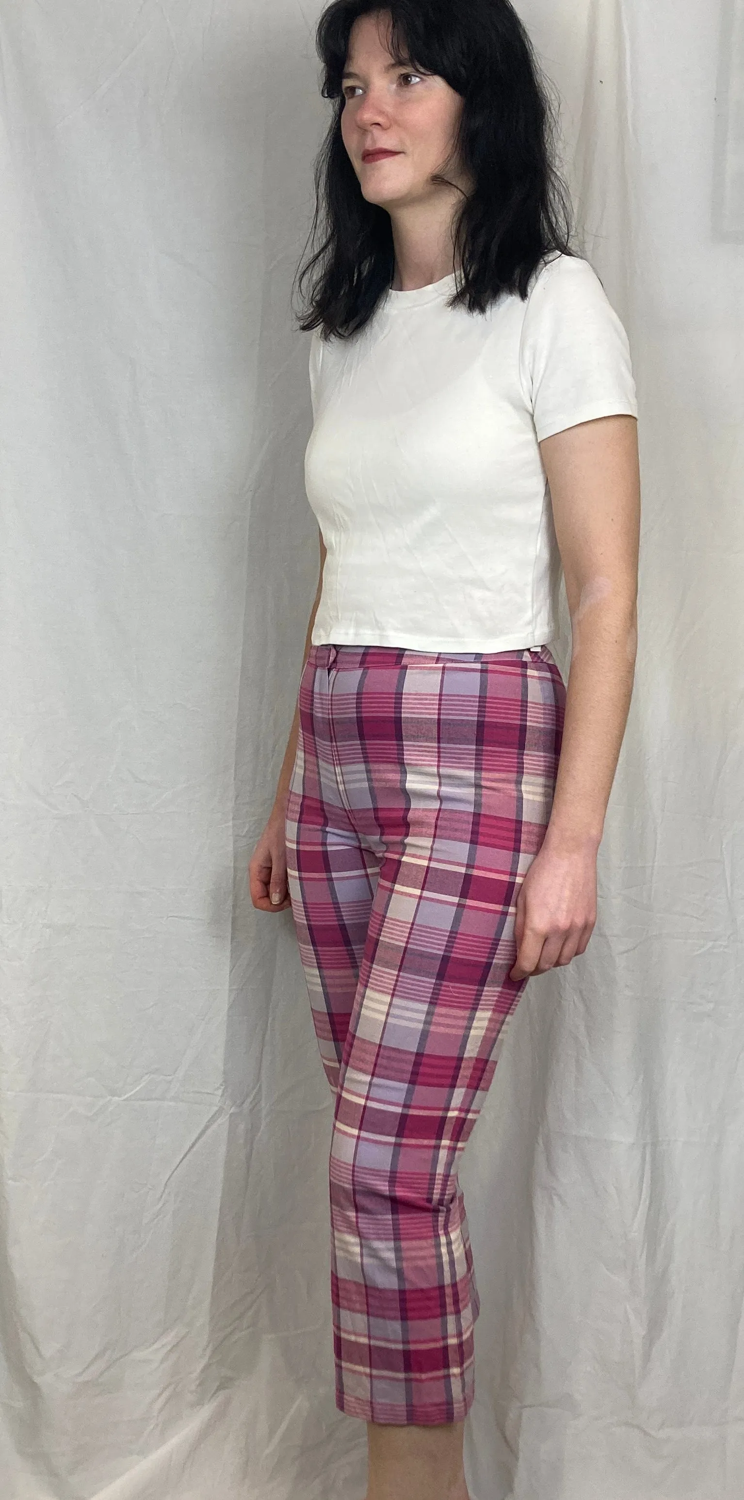 Vintage 90s Pink Check Capri Trousers - Size 8