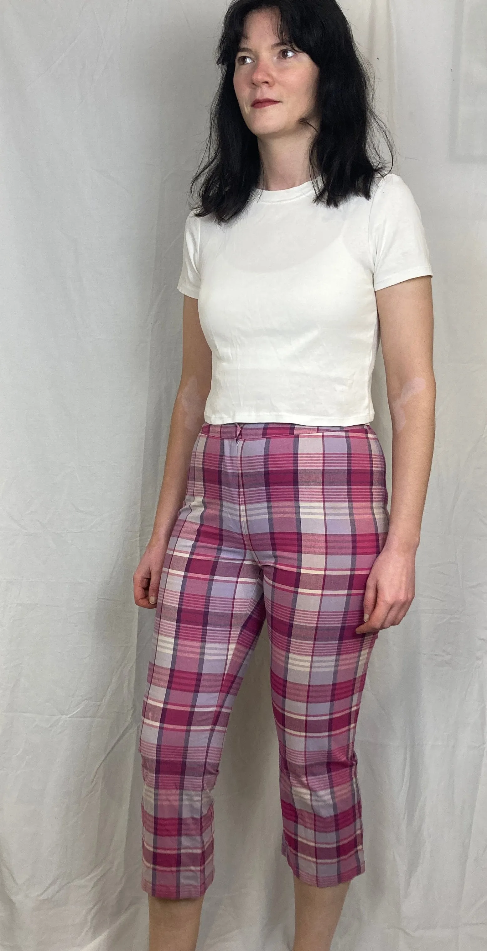 Vintage 90s Pink Check Capri Trousers - Size 8