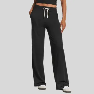 Wideleg Drawcord Elastic Waist Pant - Black
