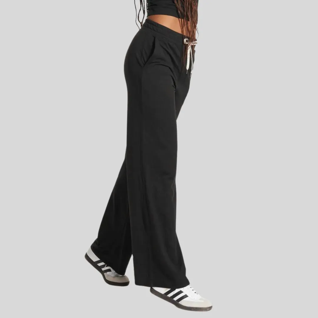 Wideleg Drawcord Elastic Waist Pant - Black