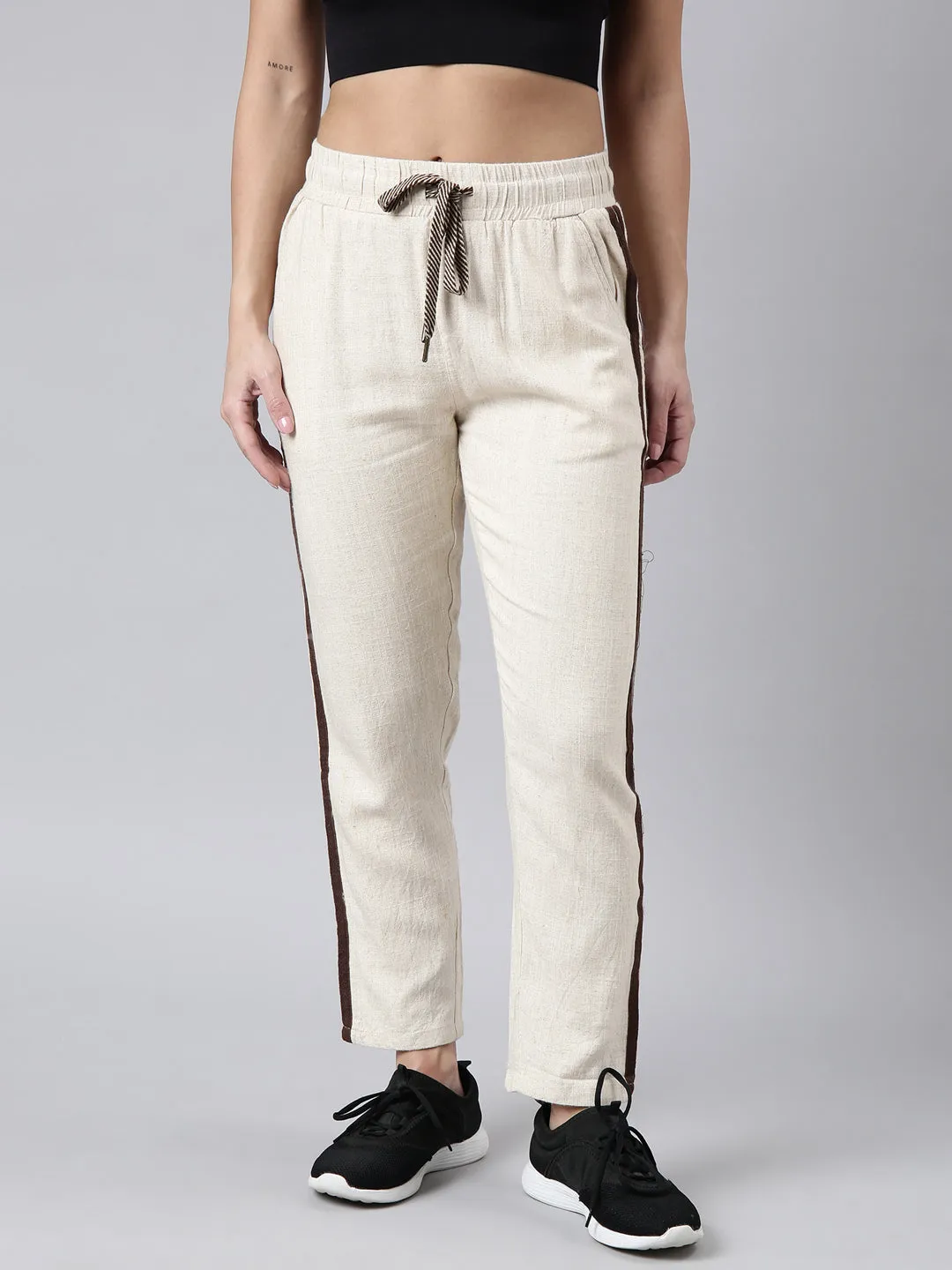 Women Cream Slim-Fit Cotton Track Pant