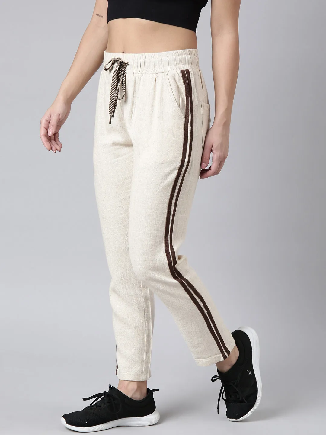 Women Cream Slim-Fit Cotton Track Pant