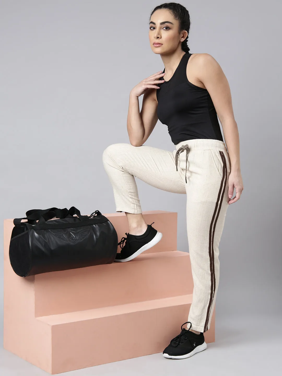 Women Cream Slim-Fit Cotton Track Pant