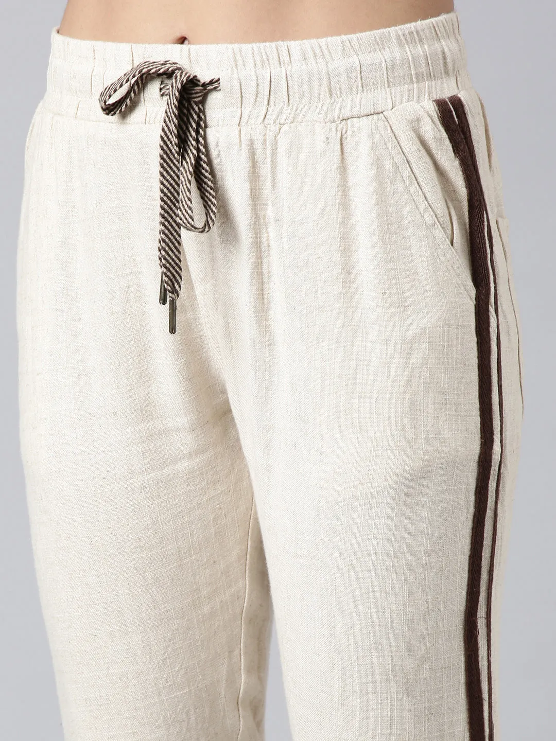 Women Cream Slim-Fit Cotton Track Pant