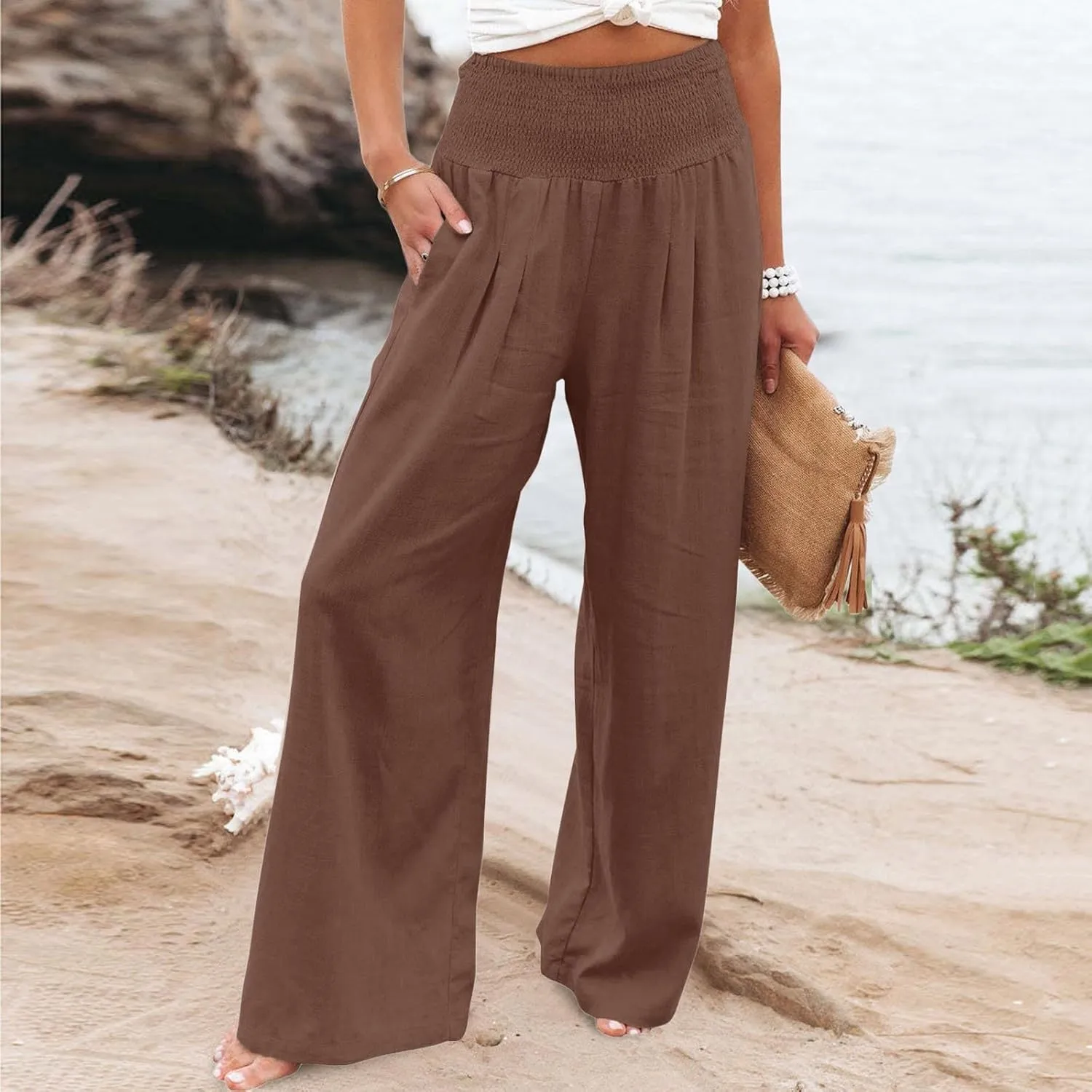 Women's Linen Pants Linen Wide Leg Pants High Waist Stretch Dress Women's Summer Linen Pants Linen Summer Palazzo Pants