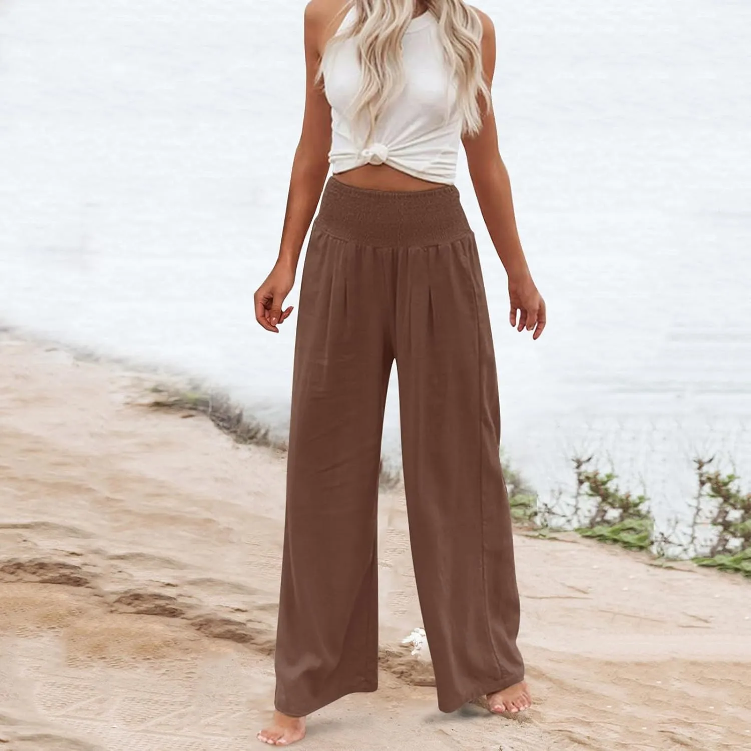 Women's Linen Pants Linen Wide Leg Pants High Waist Stretch Dress Women's Summer Linen Pants Linen Summer Palazzo Pants